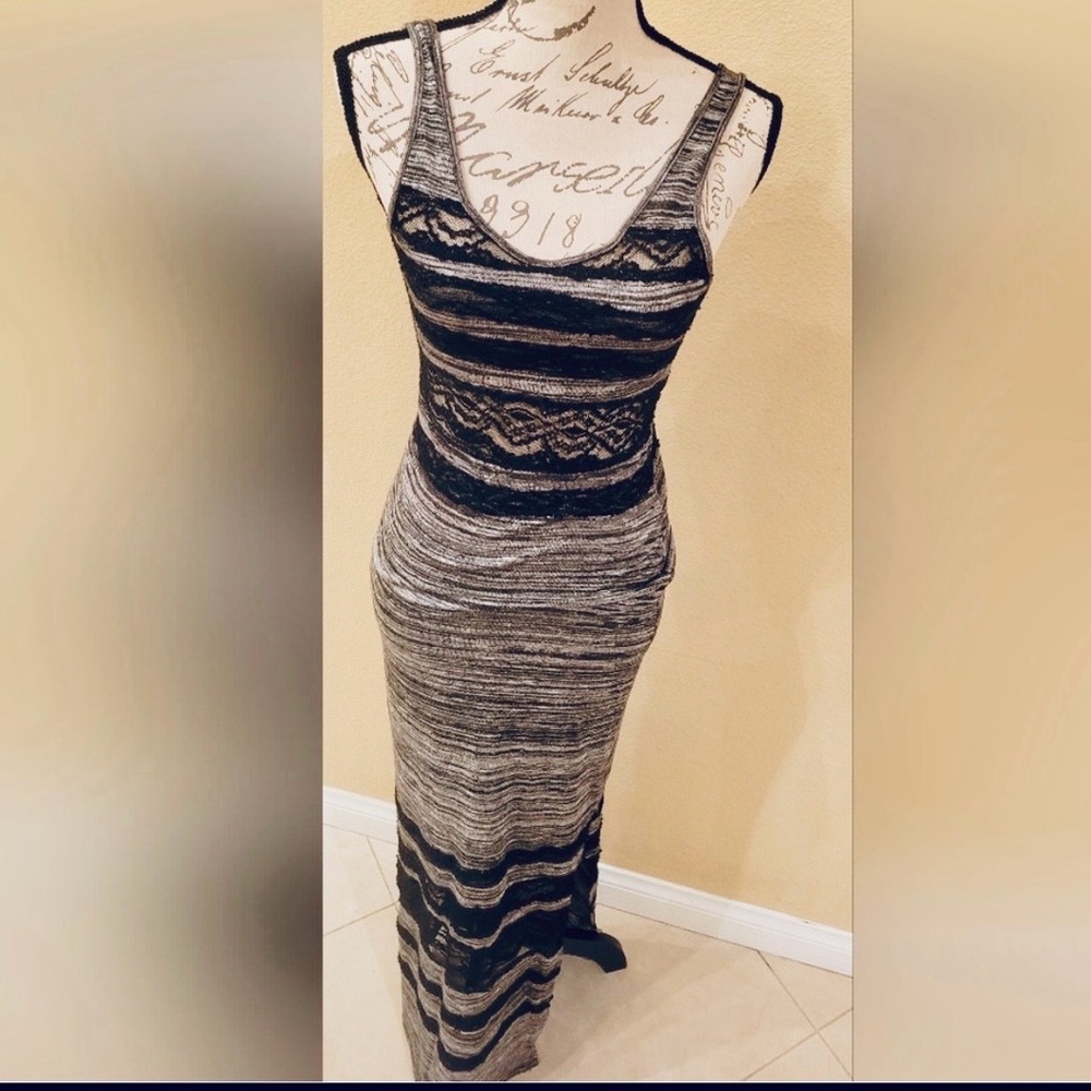 ANGL Sleeveless Striped Maxi Dress, Gray & Black Lace, Size:  Small, EUC
